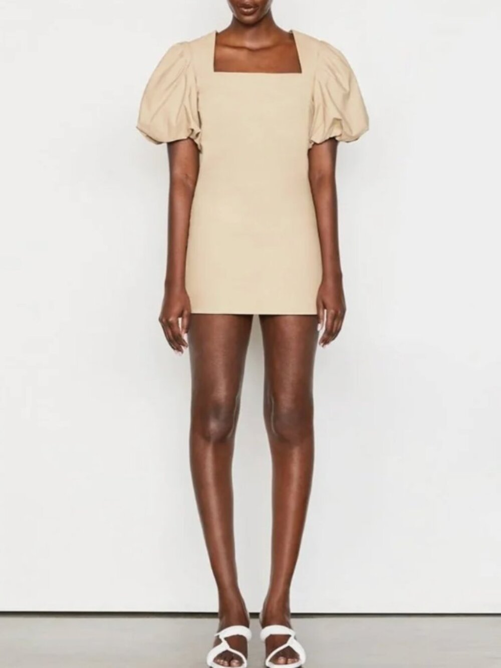 FRAME Nina Mini Dress Khaki Puff Sleeve Square Neck XS